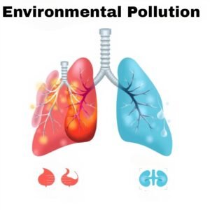 Diagram showing how environmental factors affect lung health, part of a grabbing sales page for Breathe supplement Environmental Pollution